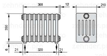 Схема (чертеж) Радиатор Zehnder Charleston 6035/8 №5310 Белый глянцевый RAL 9016